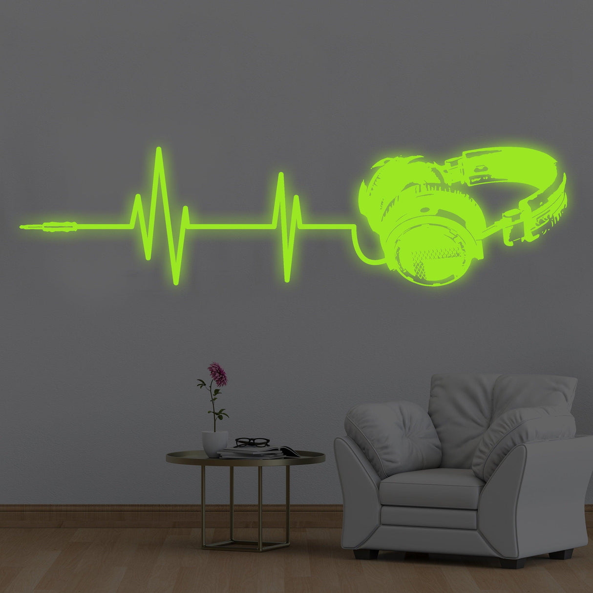 Glow in dark vinyl wall sticker of headphones and sound wave, perfect for music lovers' room decor.