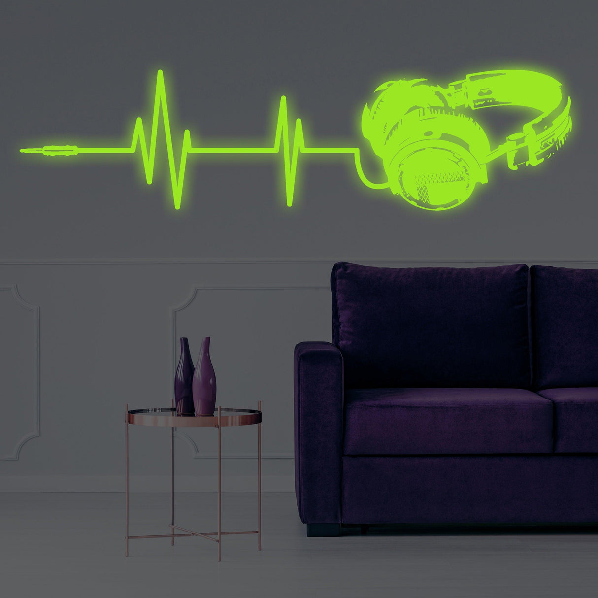 Glow in dark headphone vinyl wall sticker with soundwave design, perfect for music lovers' rooms.