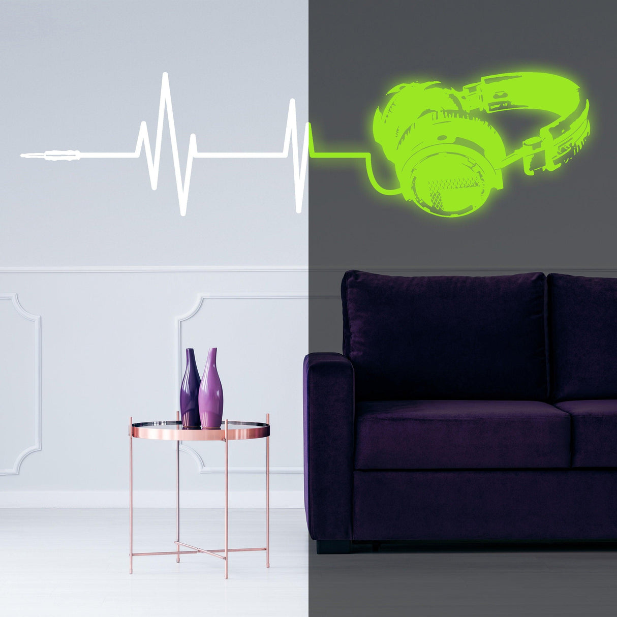 Glow in dark headphone vinyl wall sticker with heartbeat line, perfect for music lovers' home decor.