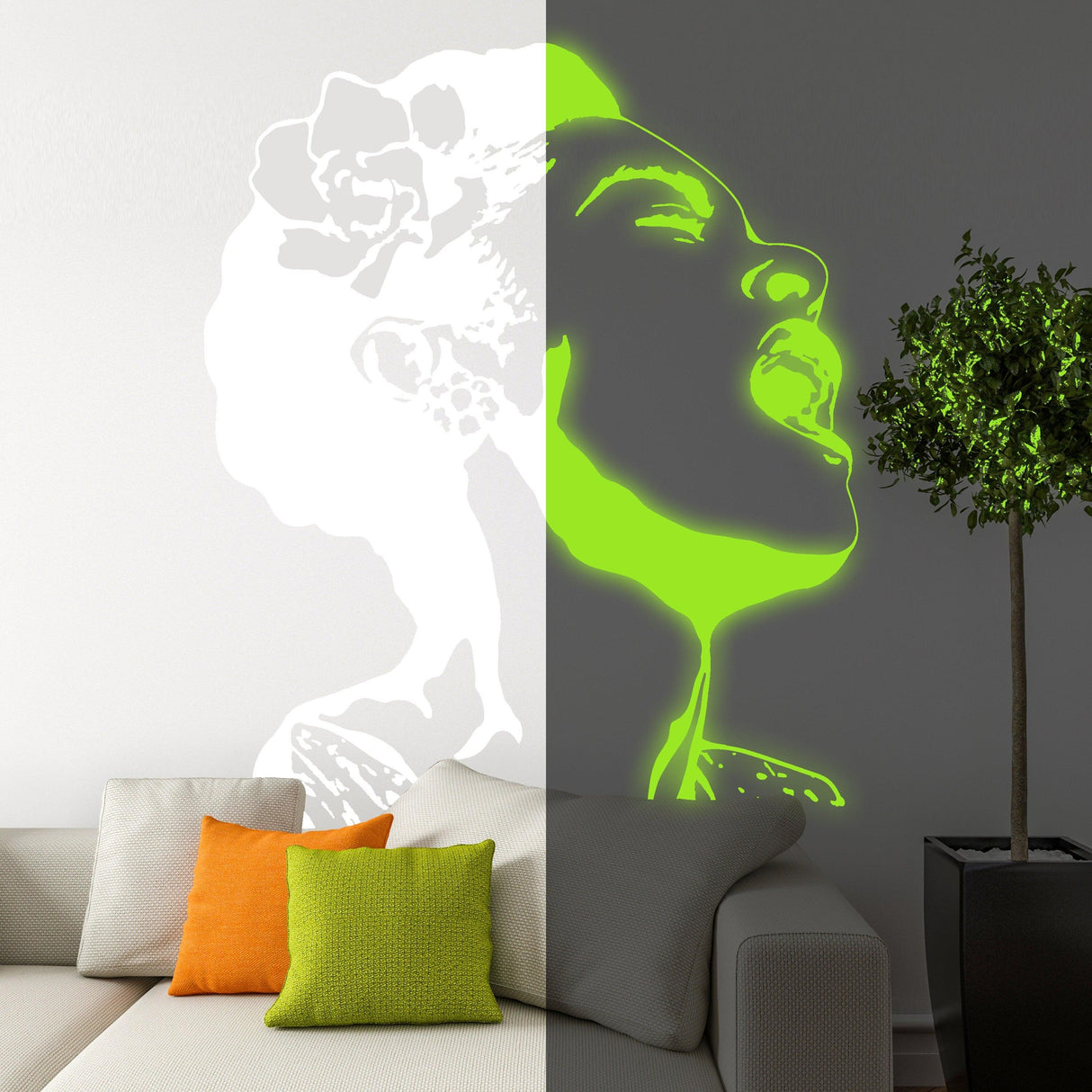 Glow in dark Banksy street art decal of a singing woman on a wall, glowing neon green in a modern living room.