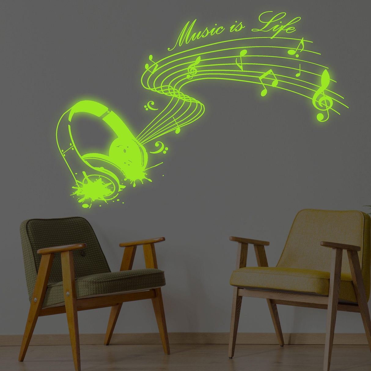 Glow in dark wall sticker with headphones and music notes, featuring the quote 'Music is Life' in vibrant green.