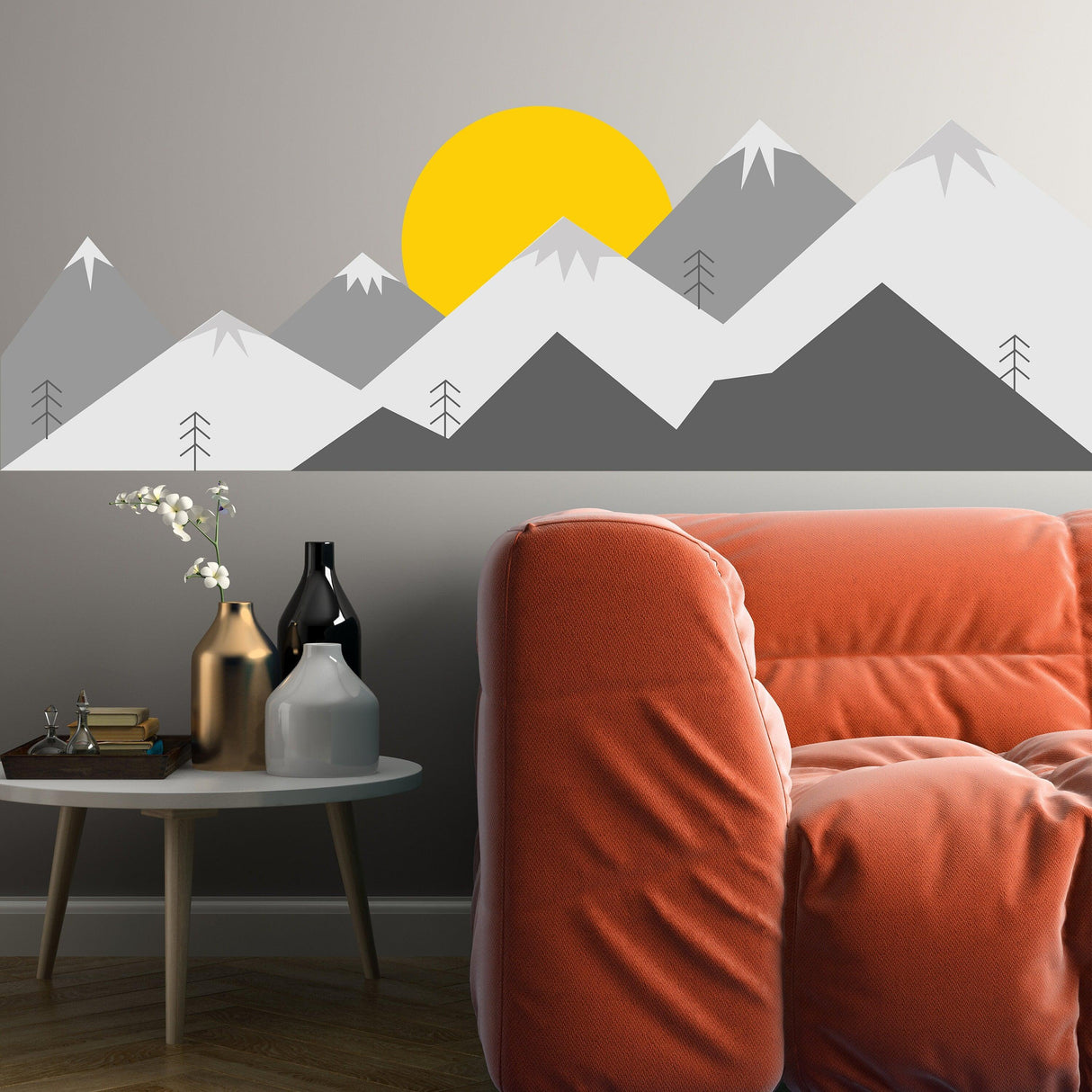Stylish mountain wall decal with sun, perfect for nursery or kid's room decor.