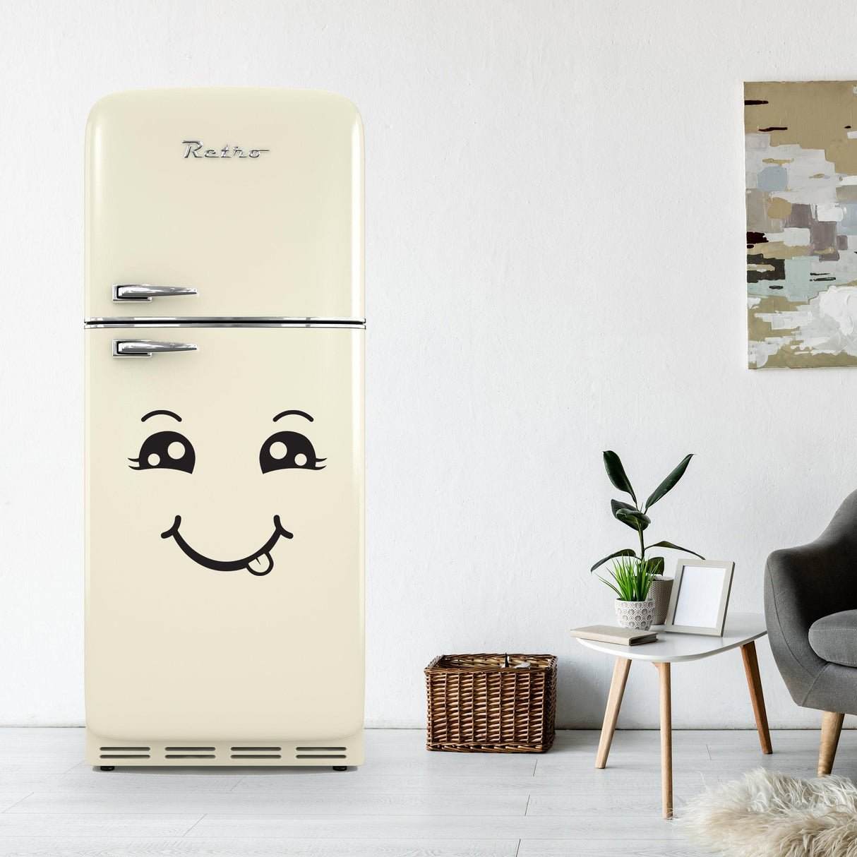 Cream-colored retro refrigerator with a happy chef face decal, brightening up a modern kitchen setting.