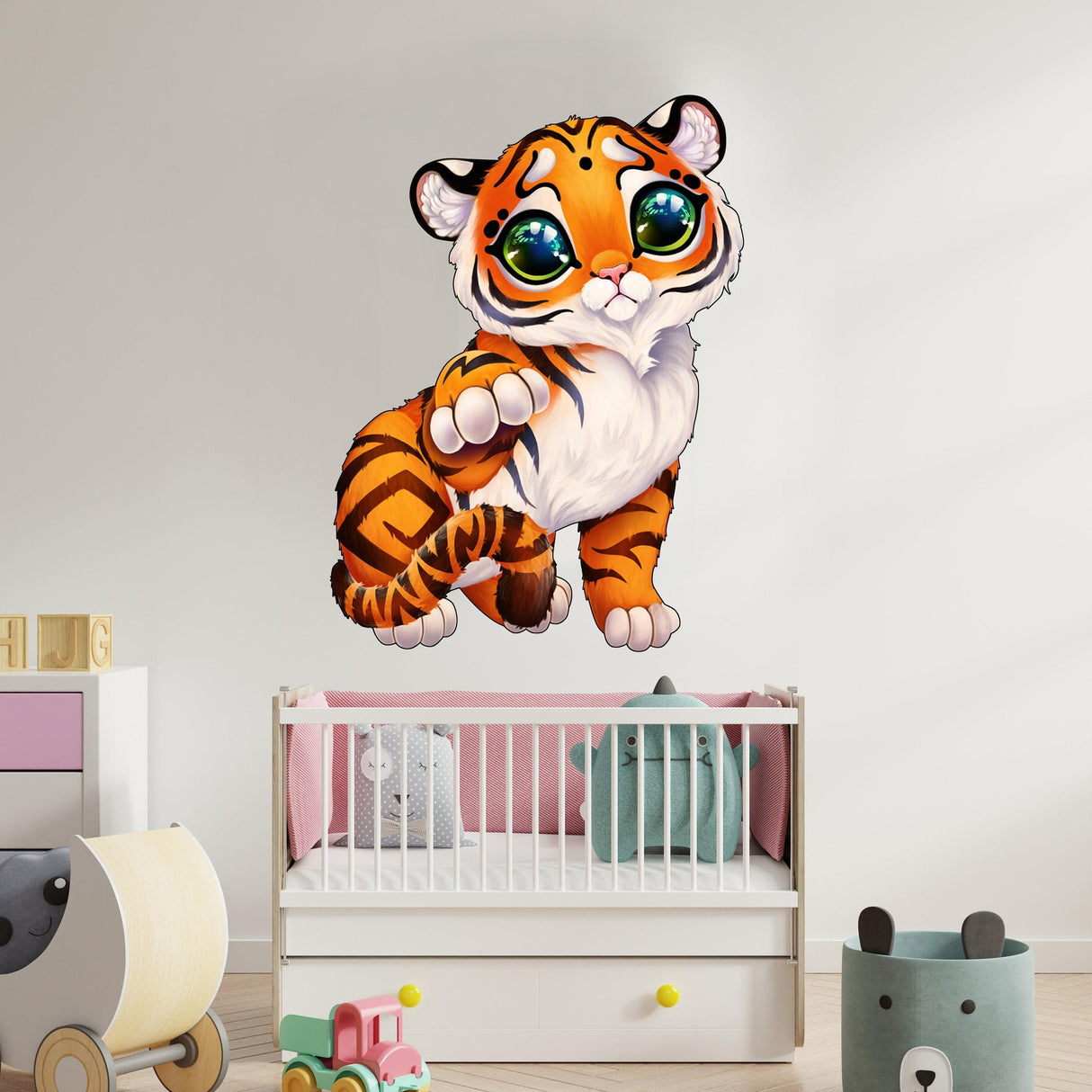 Cute tiger wall sticker in a nursery, adding a fun and whimsical touch to a child's room decor.