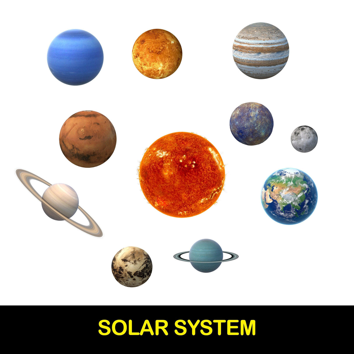 Glow in the dark solar system wall decals featuring all planets and the sun, perfect for ceiling decoration.