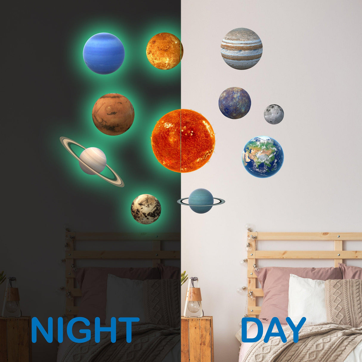 Glow in the dark planet wall decals displayed at night and day in a bedroom, showcasing the solar system.