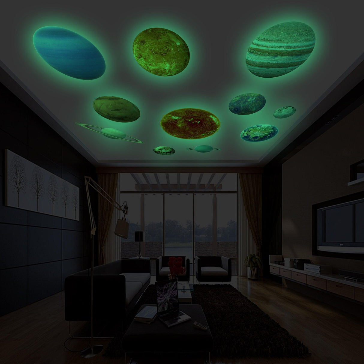 Glow in the dark planet wall decals on ceiling, showcasing the solar system in vibrant colors for a stunning room transformation.
