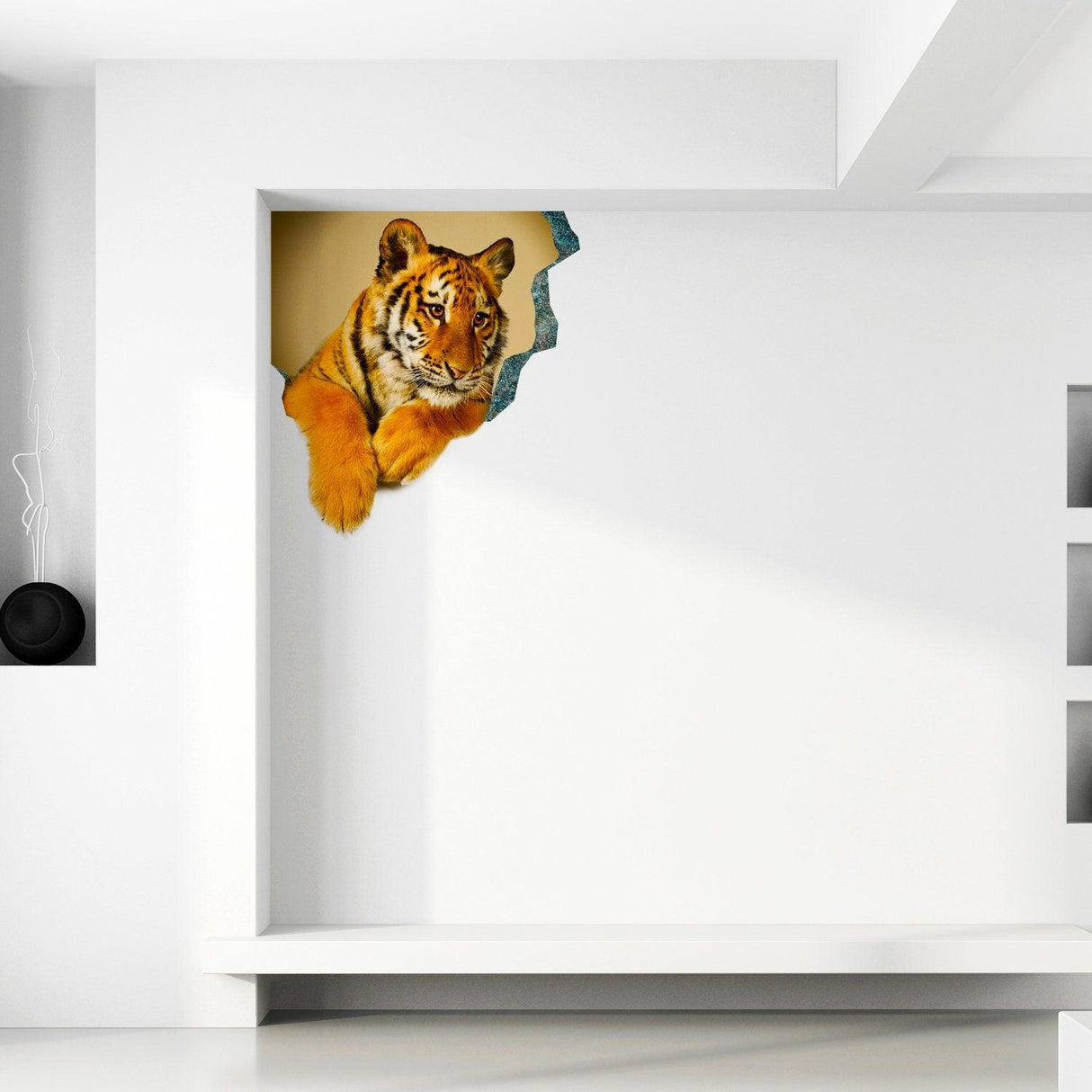 3D tiger wall decal creating a porthole effect in a modern bedroom decor