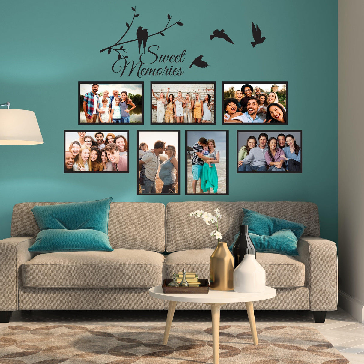 Family wall decal with quote 'Sweet Memories' above photo frames in a cozy living room setting.