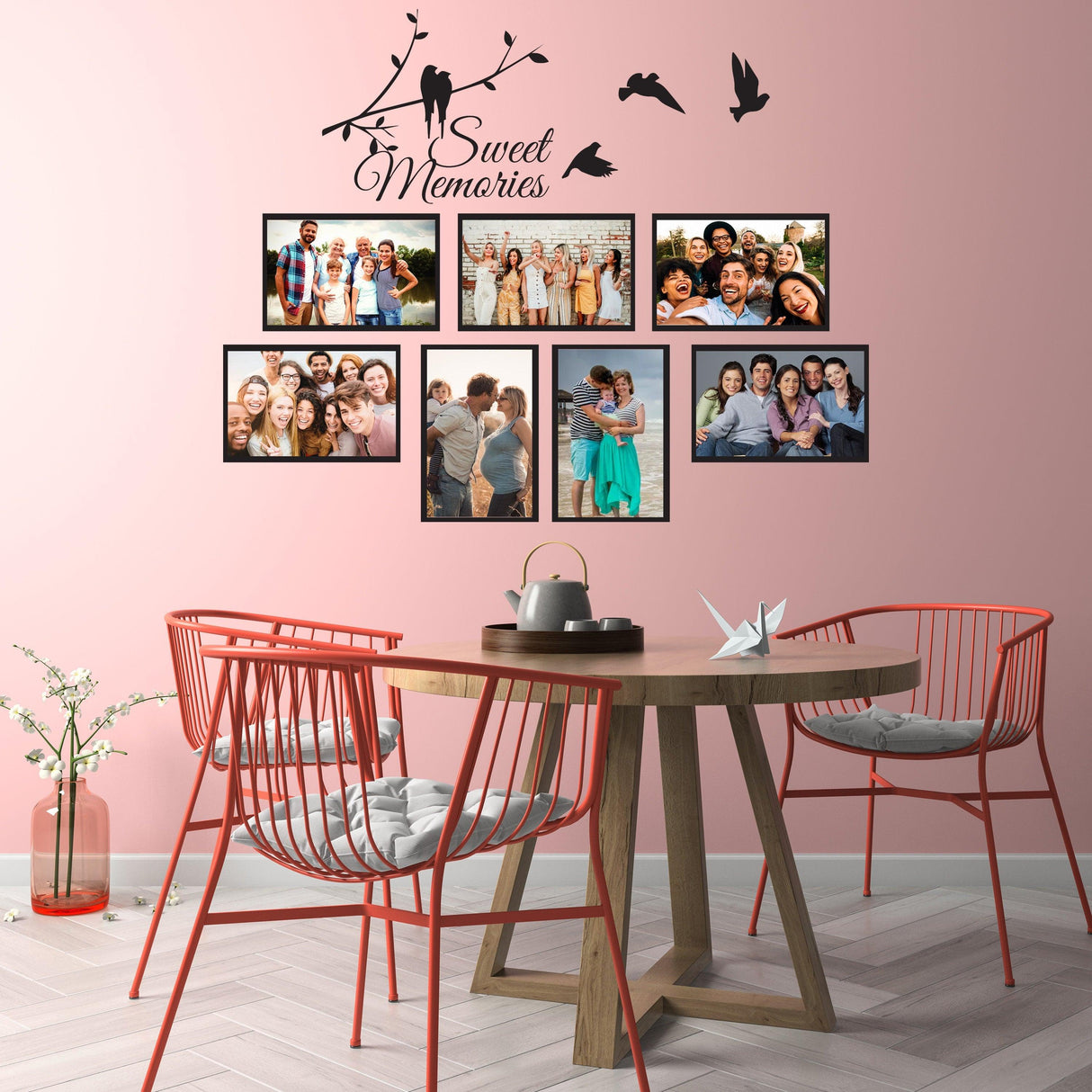 Picture frames family wall decal with quote 'Sweet Memories' displayed above photos in a cozy dining area.