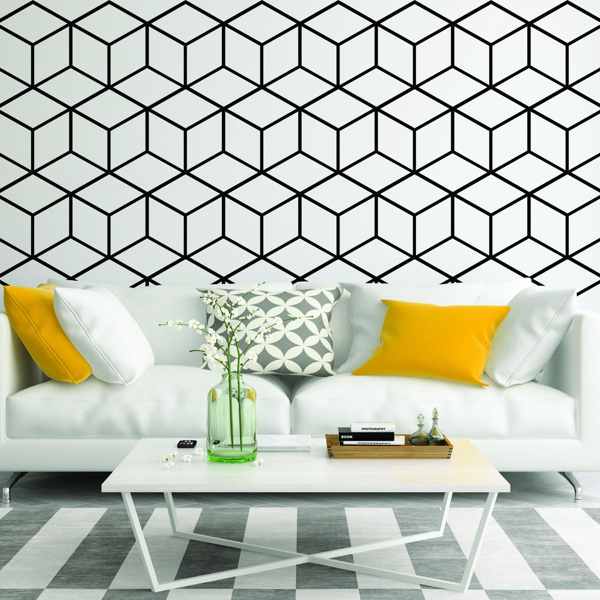 Geometric hexagon honeycomb wall mural decal in modern living room with white sofa and colorful cushions.