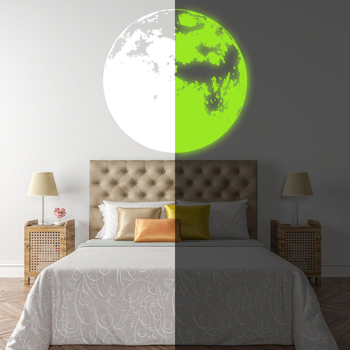 Glow in dark moon wall decor decal in a bedroom, showcasing its luminous effect on the wall above the bed.