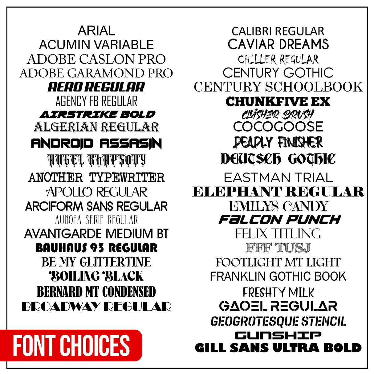 Various font choices displayed, including Arial, Caviar Dreams, and Elephant Regular, for creative design applications.