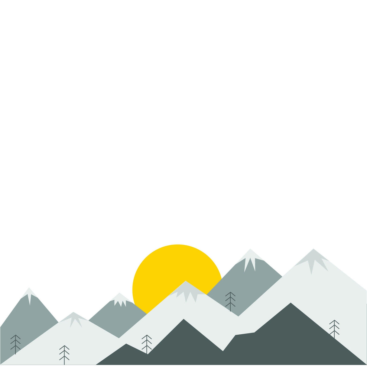 Mountain wall decal featuring snow-capped peaks and a bright sun, perfect for nursery or kids' room decor.