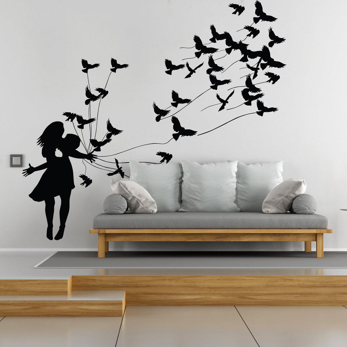 Kissing wall decal featuring a girl embracing a partner with flying birds, perfect for home decor.