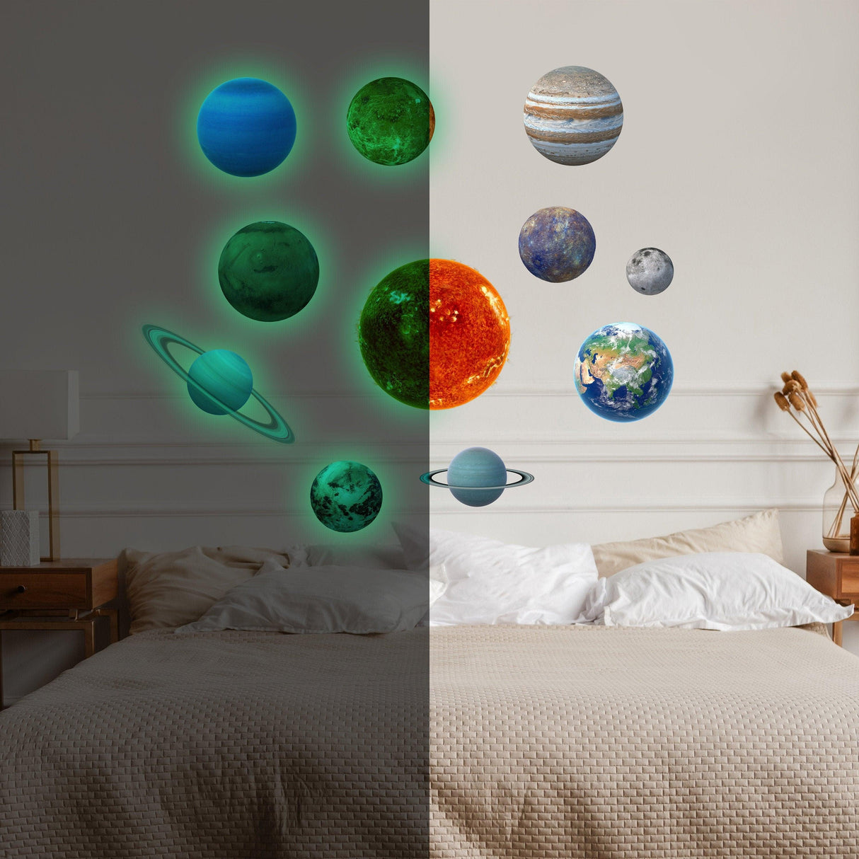 Glow in the dark planet wall decals featuring the solar system on a bedroom wall, glowing brightly in a dark room.