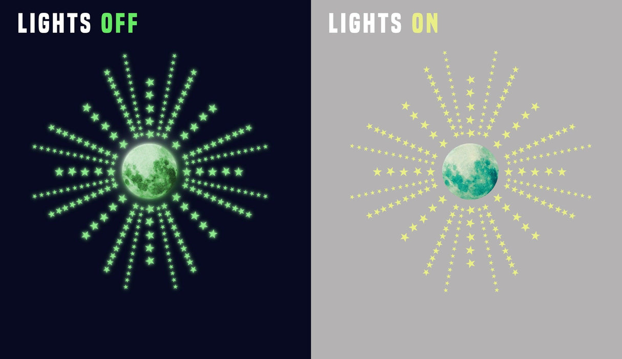 Glow in the dark stars and moon decal showing lights off and on differences for nursery decor.