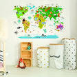 Colorful kids world map wall decal with animals for nursery decor and educational purposes.