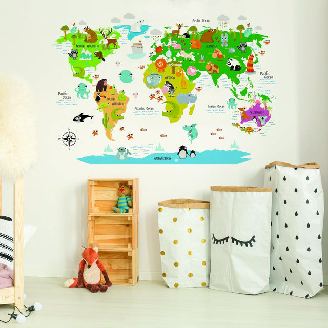 Colorful kids world map wall decal with animals for nursery decor and educational purposes.