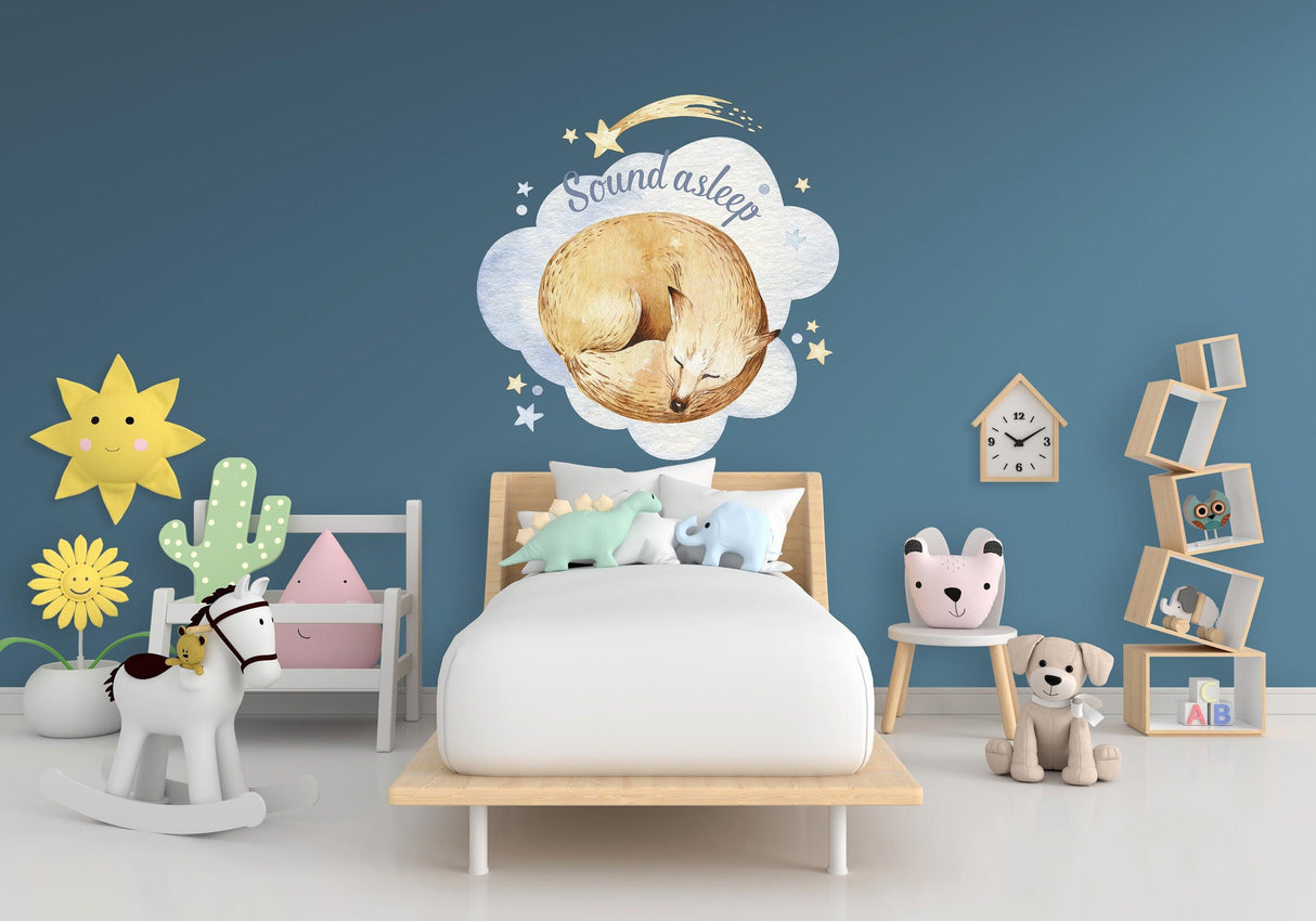 Baby nursery with cloud, moon, star wall decor sticker and cozy bed, perfect for creating a dreamy sleeping space.