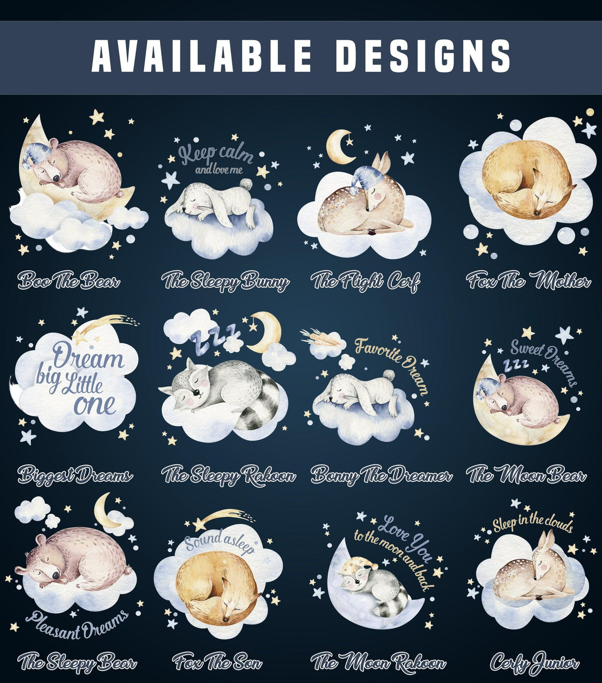 Available designs of animal cloud wall stickers for nursery decor, including sleepy animals and dream themes.