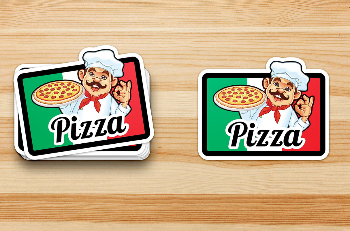 Colorful pizza-themed vinyl stickers featuring a cheerful chef holding a pizza.