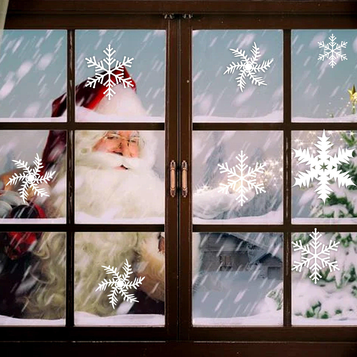 Snowflake window stickers decorating a snowy scene with Santa visible outside, enhancing Christmas spirit.