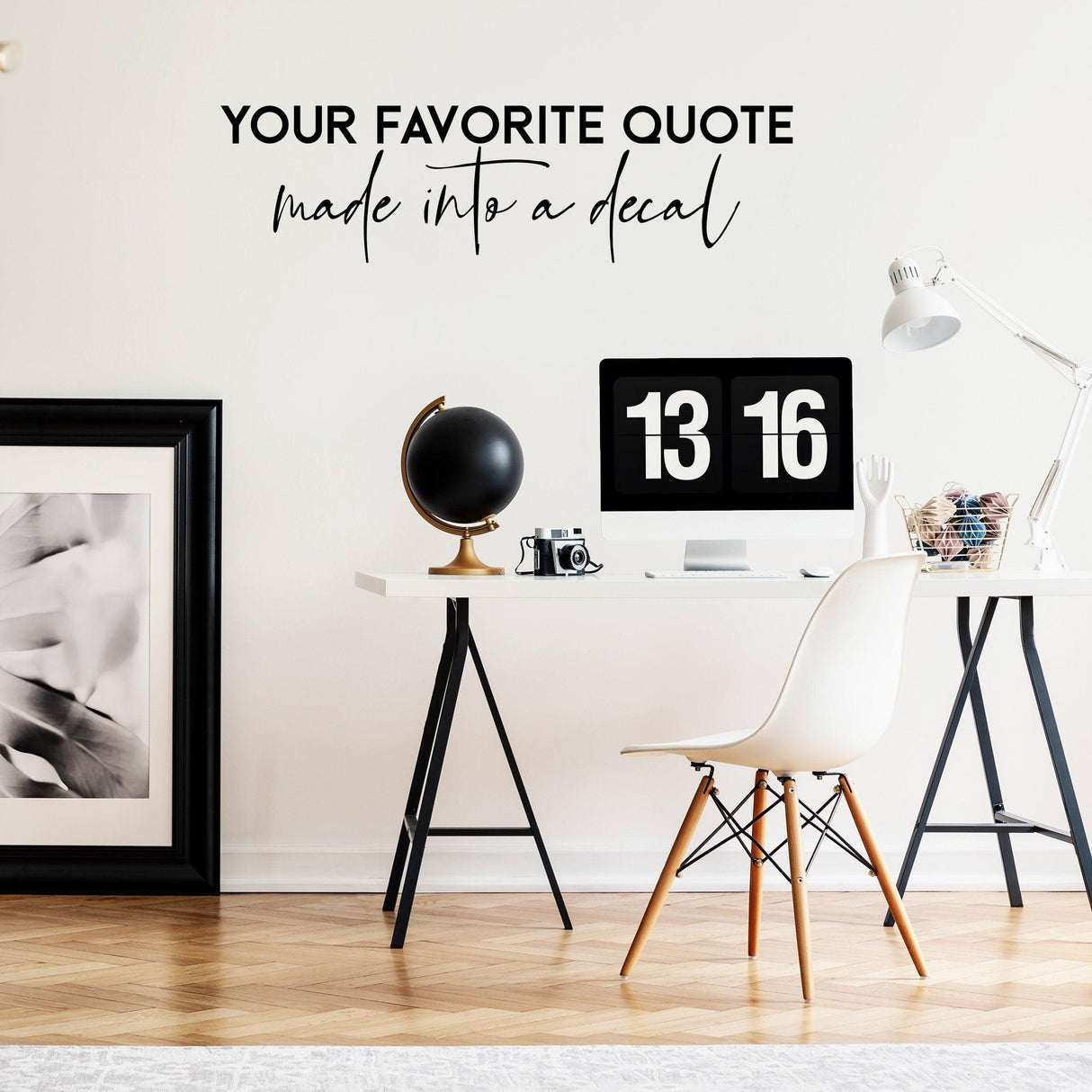Custom wall decal sticker with quote in stylish home office setting, showcasing modern decor and design.