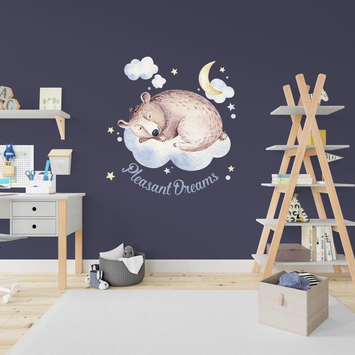 Sleeping animal wall sticker with clouds and stars, perfect nursery decor for a calming baby room.