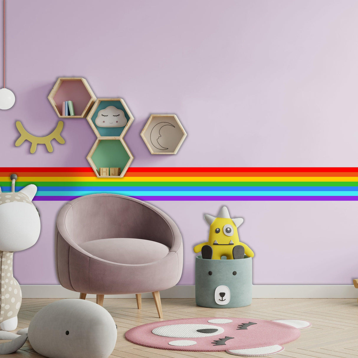 Rainbow border sticker decor adds vibrant color to a playful children's room with modern furniture.