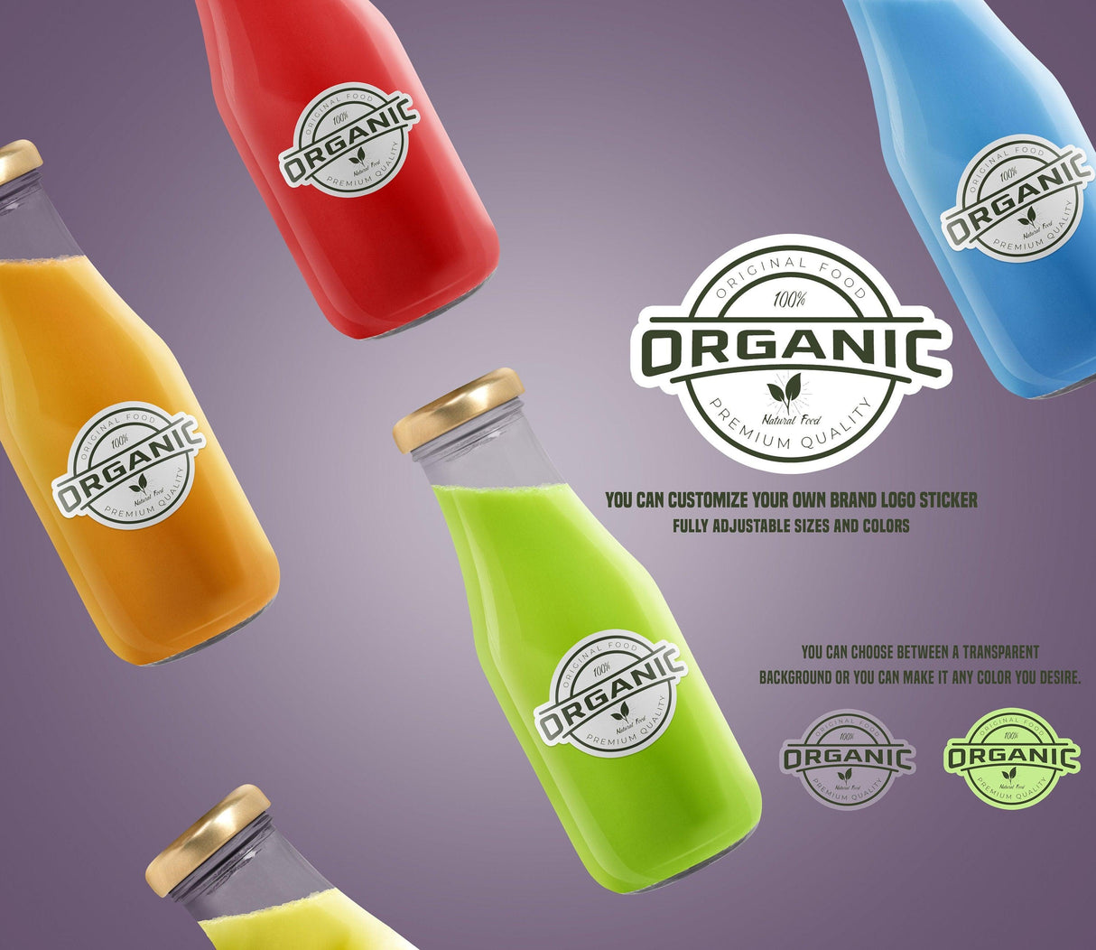 Customizable organic food logo stickers on colorful glass bottles showcasing adjustable sizes and colors.