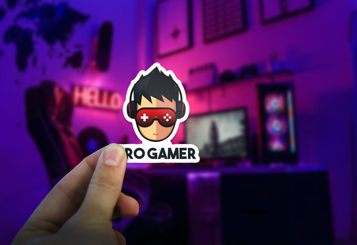 Hand holding a 'Pro Gamer' sticker in a vibrant gaming room with colorful lights.