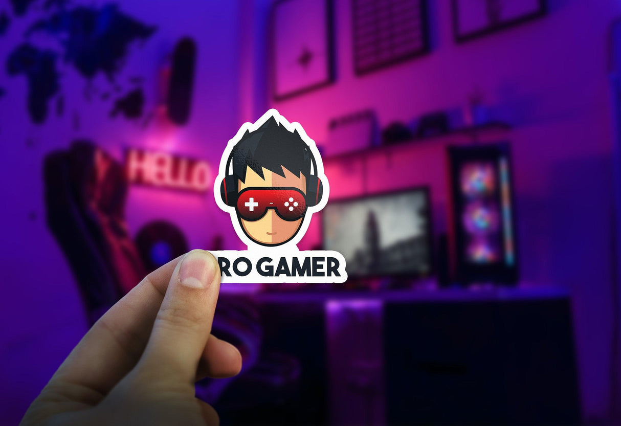Custom Pro Gamer sticker held in hand with a colorful gaming setup in the background, showcasing vibrant lighting.