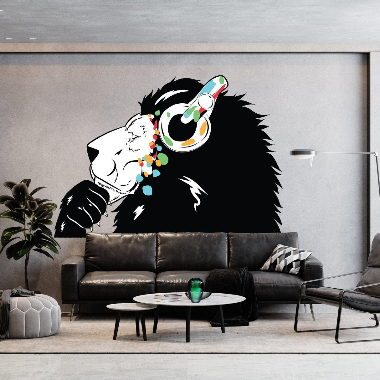 Lion wearing headphones wall decal, inspired by Banksy, modern urban style for home decor.