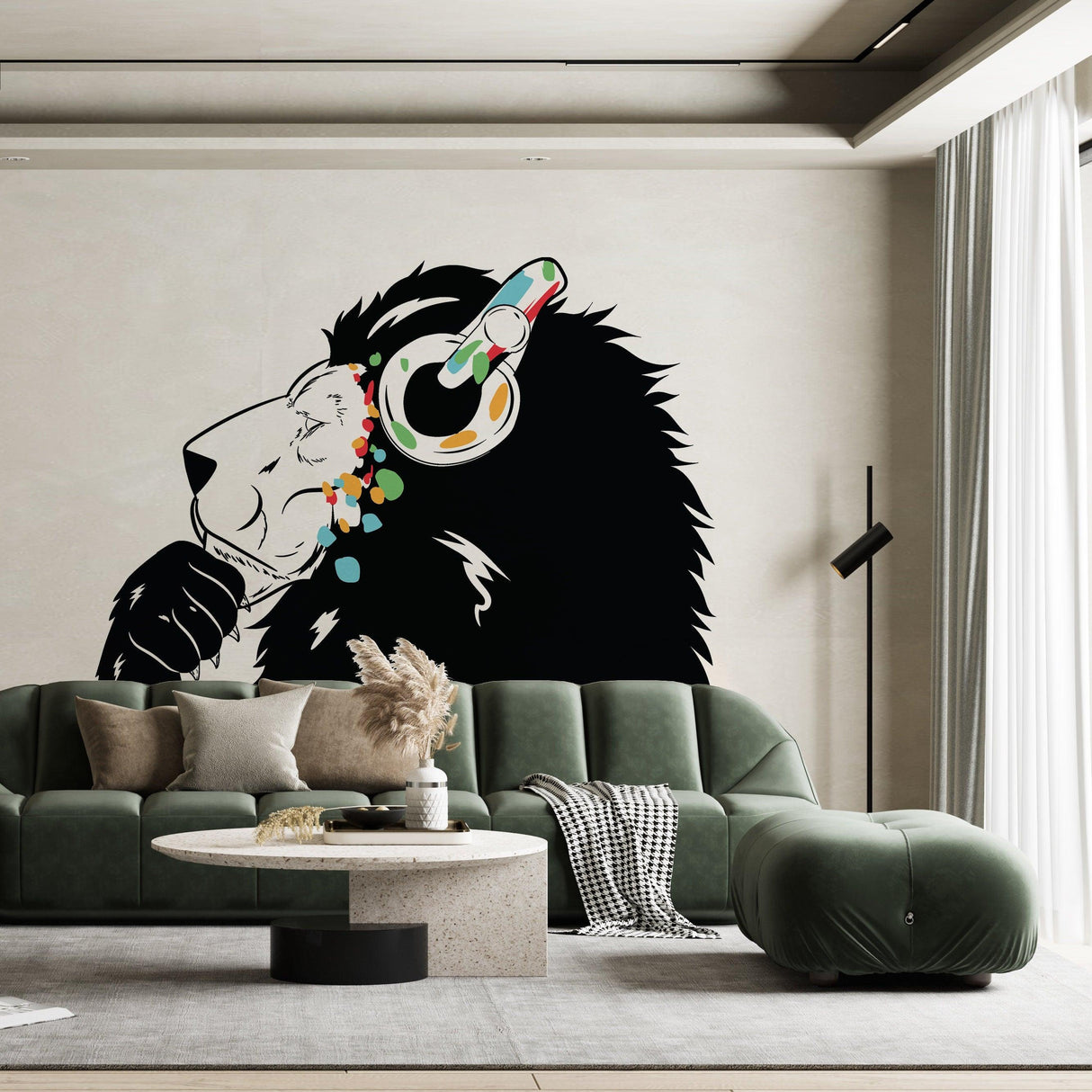 Fierce lion in headphones wall decal, inspired by Banksy, adding modern style to a stylish living room.