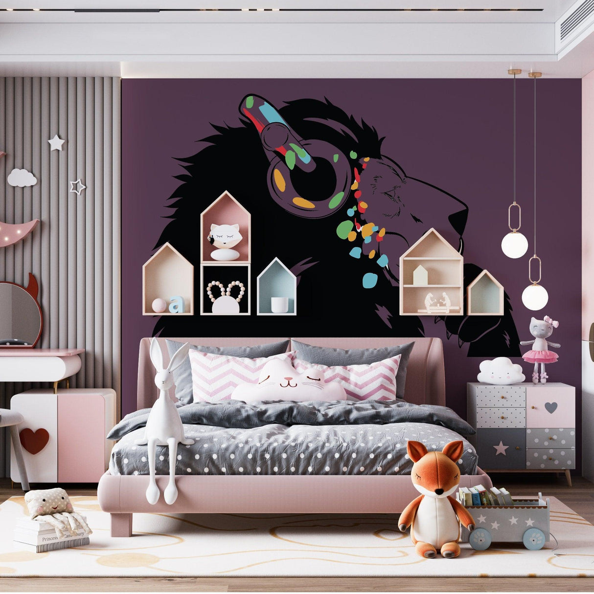Lion wearing headphones wall decal in a stylish bedroom with pastel decor and playful accessories.