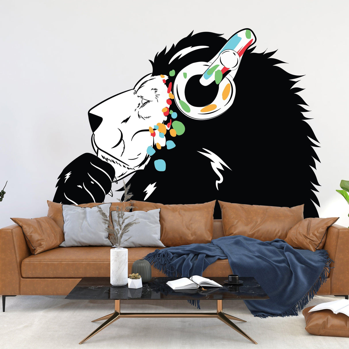 Lion wearing colorful headphones wall decal in a modern living room, inspired by Banksy graffiti art.