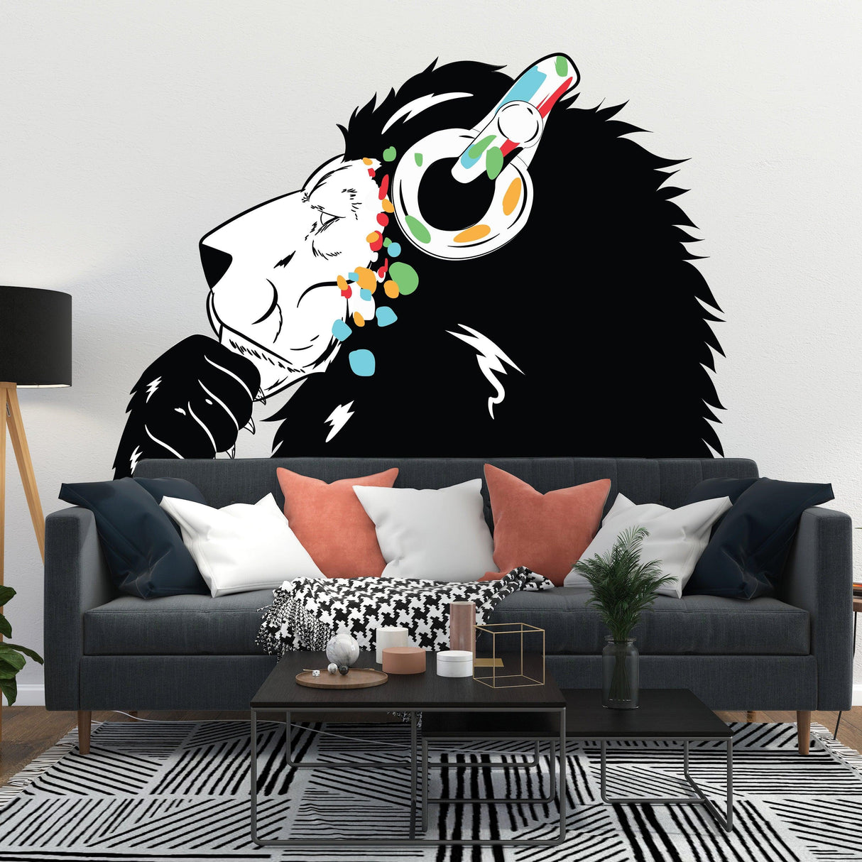 Lion in headphones wall decal, inspired by Banksy, adding urban style to modern decor.