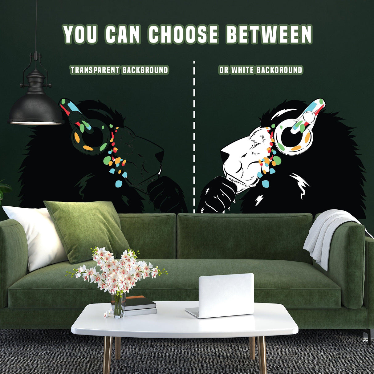 Lion in headphones wall decals with choice of transparent or white background, showcasing urban decor style.