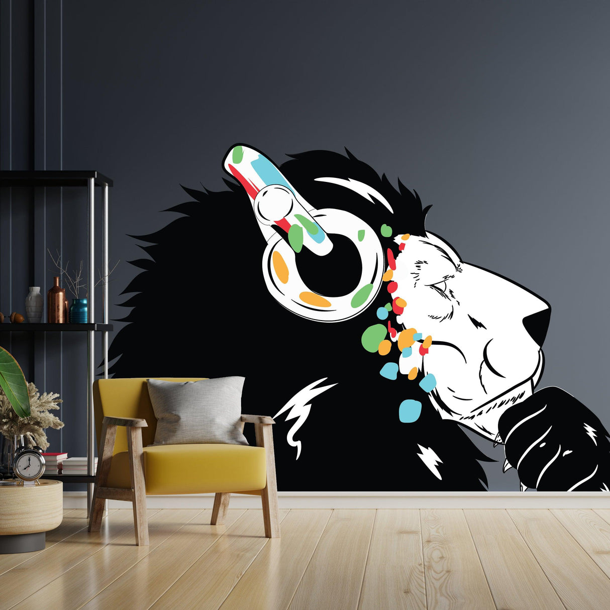 Lion wall sticker with headphones and colorful designs adding unique art to modern room decor.