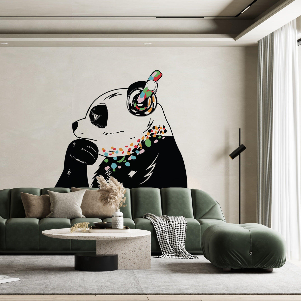 Panda in headphones wall decal in a modern living room with green sofa and stylish decor.