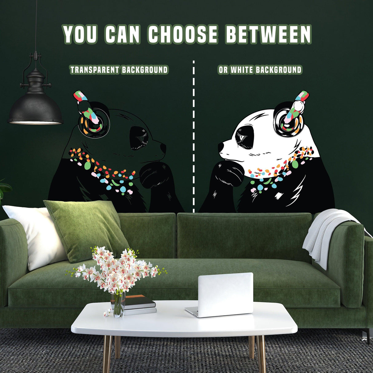 Panda in headphones wall decals on green wall, showcasing options for transparent or white backgrounds.