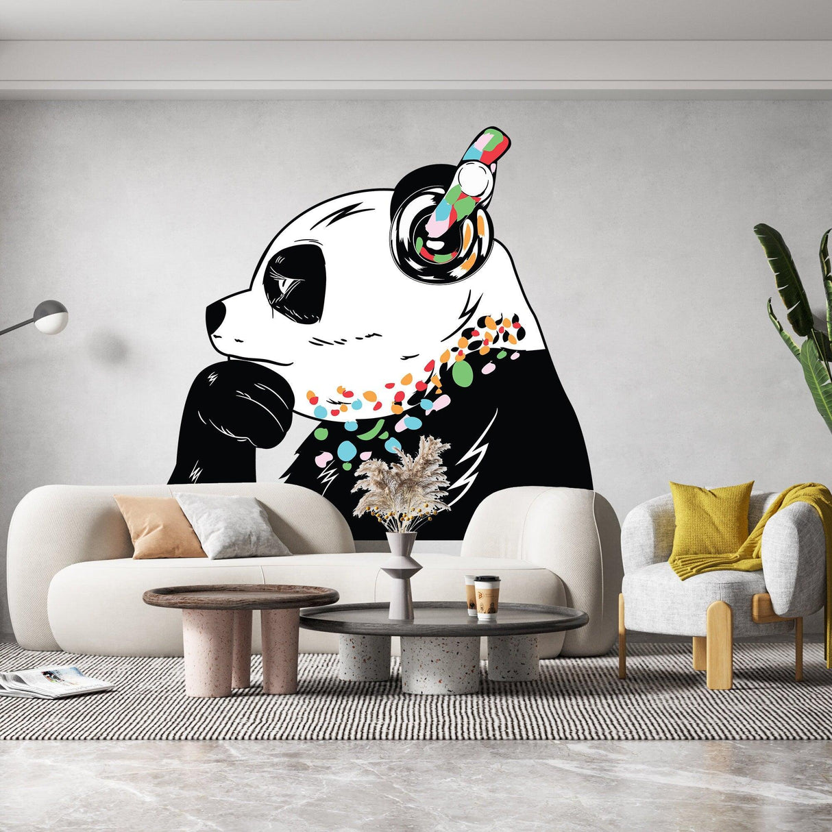 Stylish panda wall sticker with headphones, adding a playful touch to modern living room decor.