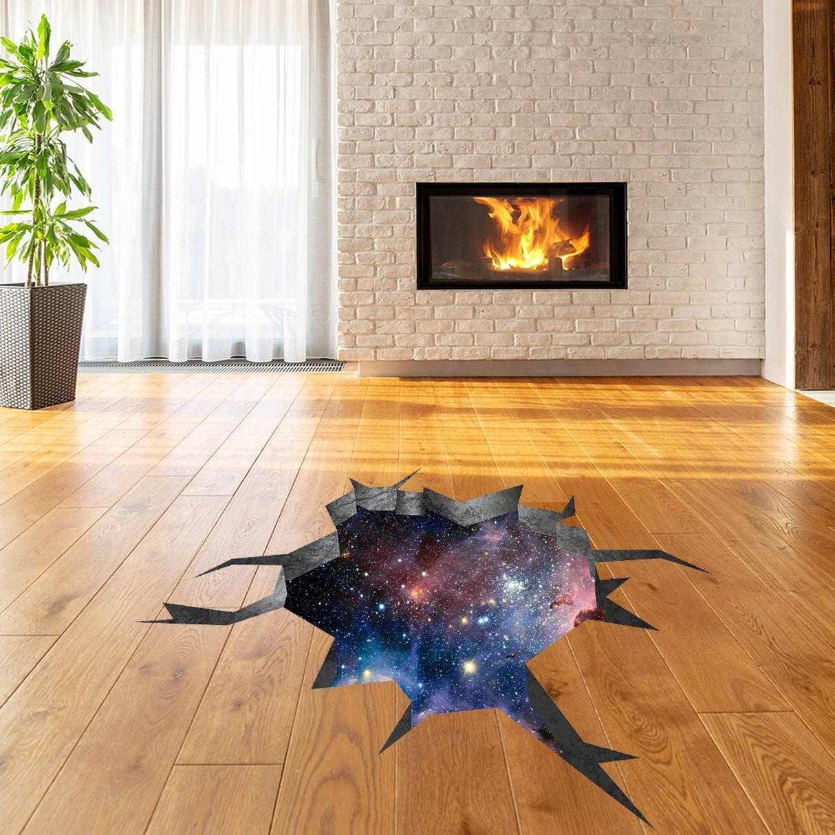 3D effect galaxy floor mural sticker creating a cosmic illusion of a cracked floor in a modern living room.