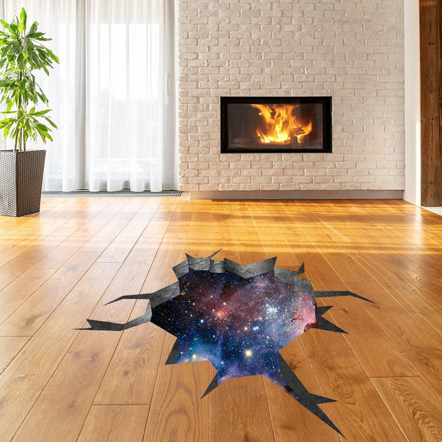 3D effect galaxy floor mural sticker creating a cosmic illusion of a cracked floor in a modern living room.