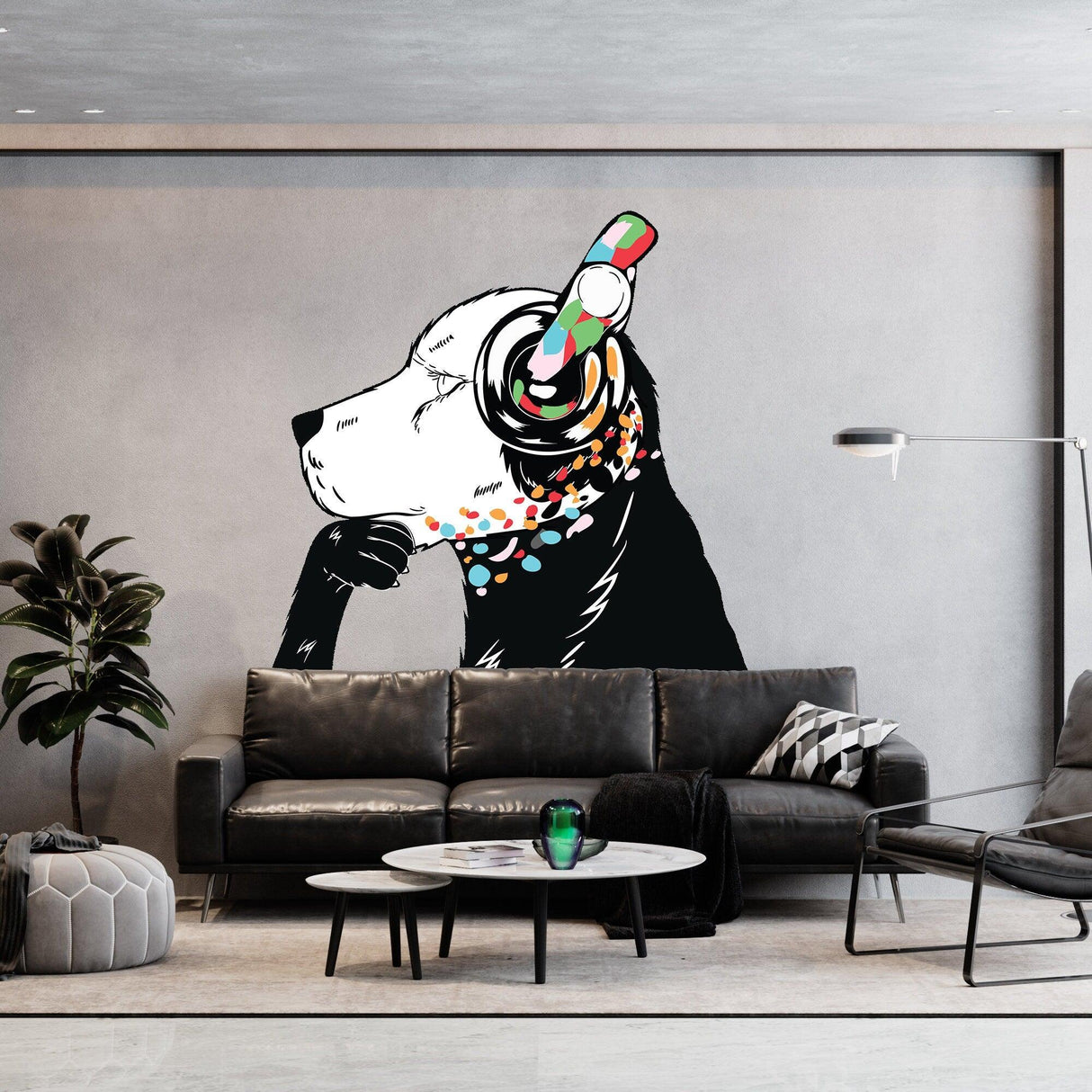 Dog in headphones wall decal, inspired by Banksy, adds urban style to modern living room decor.