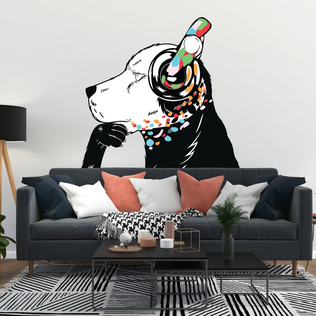 Cool dog wearing headphones sticker on a modern living room wall, inspired by Banksy graffiti art.