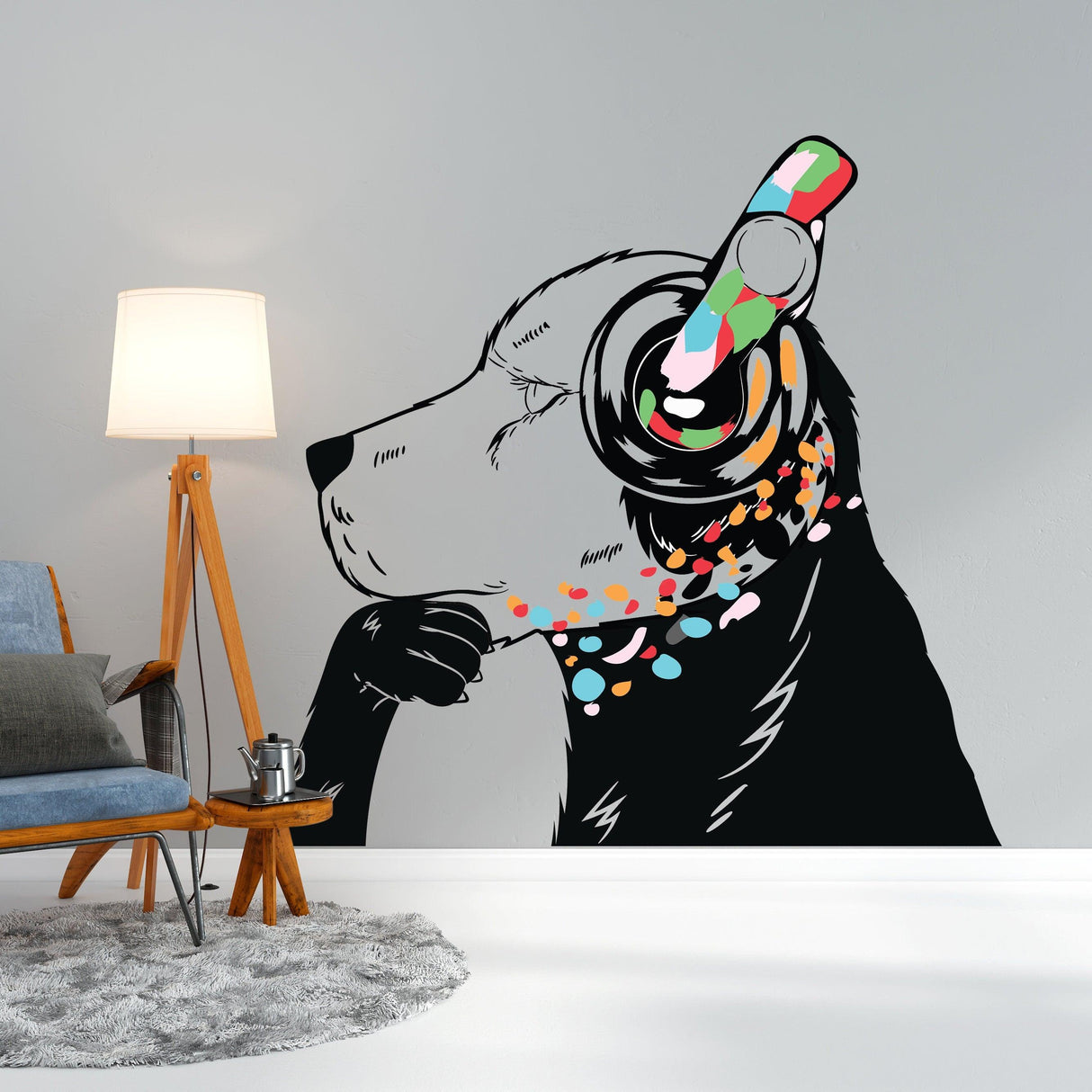 Colorful dog wall sticker with headphones, creating a lively and artistic room decor.
