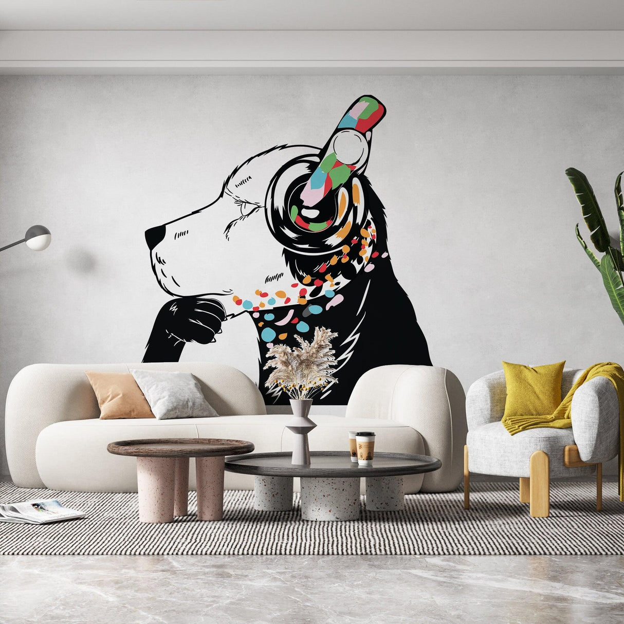 Dog wall art sticker featuring a thoughtful puppy in headphones, perfect for music lovers' home decor.