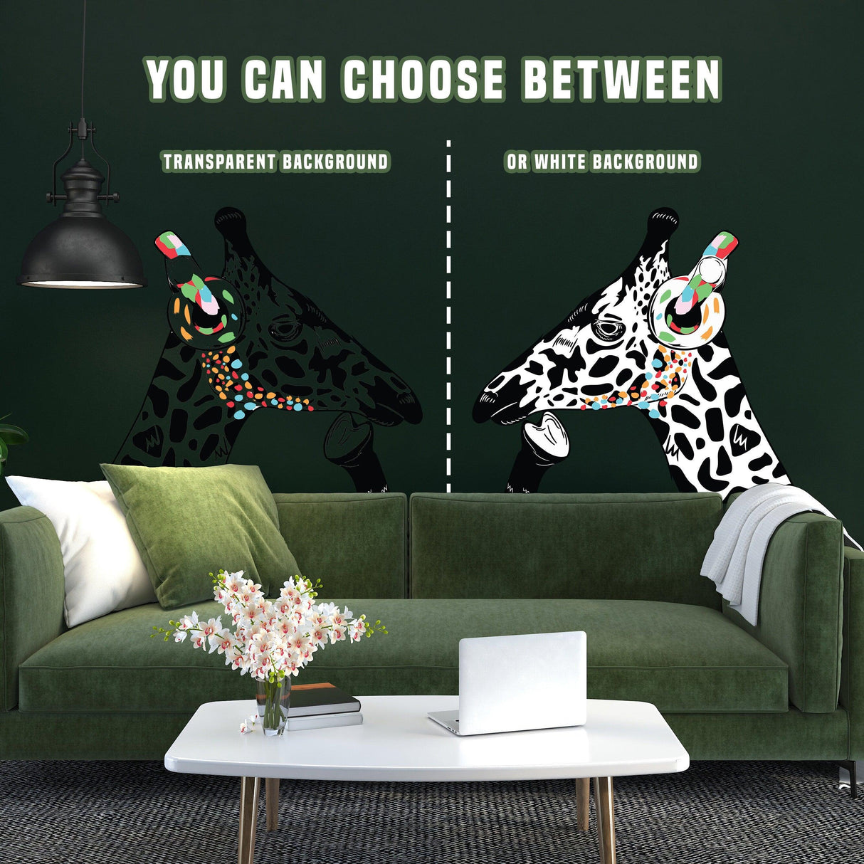 Giraffe in headphones wall decals showcasing transparent and white background options in stylish living room.